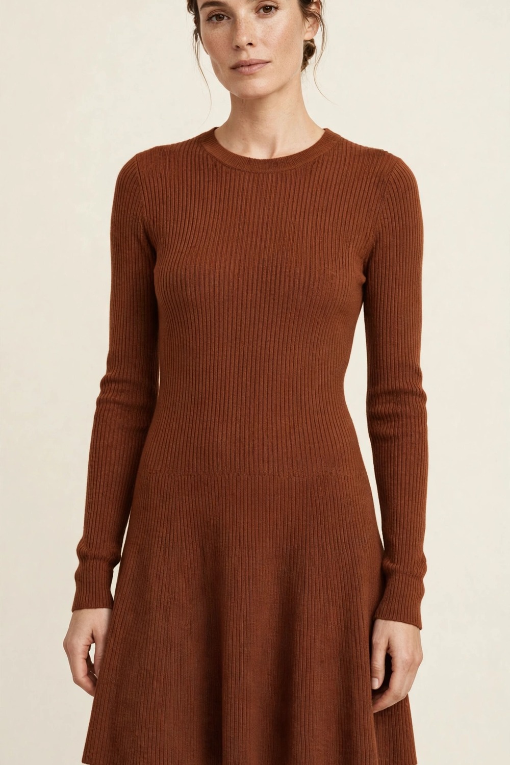 Women's Brown Ribbed Long-Sleeve Sweater Dress