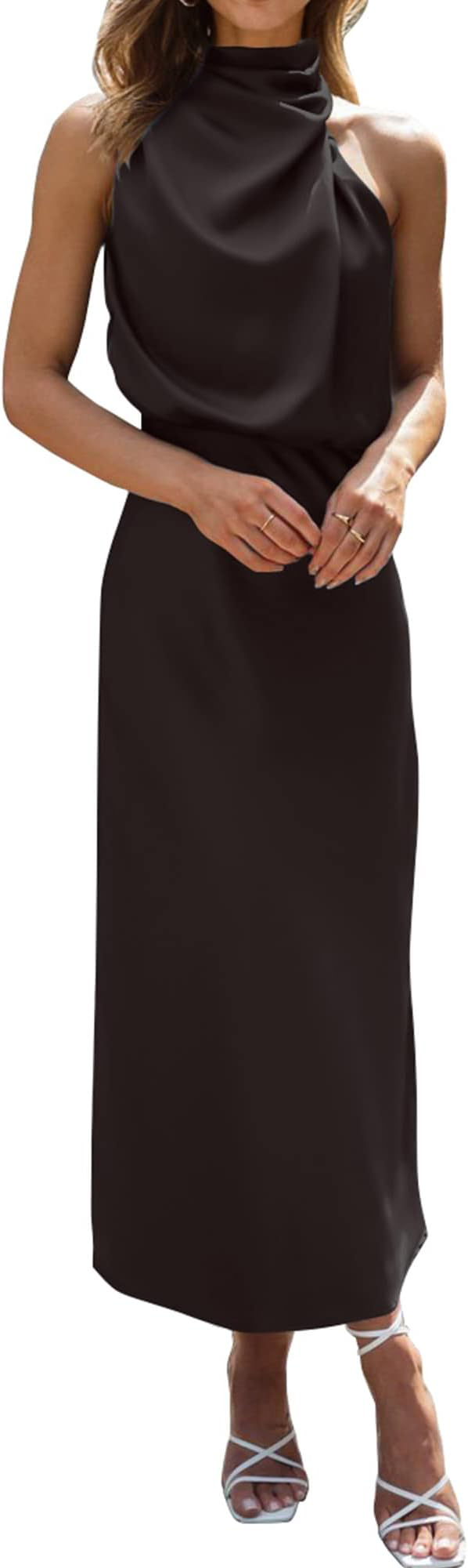 Women's Dark Cowl-Neck Sleeveless Midi Dress